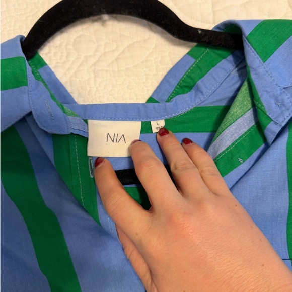 Striped Cropped Button-Up Shirt in Blue and Green - Picture 3 of 4